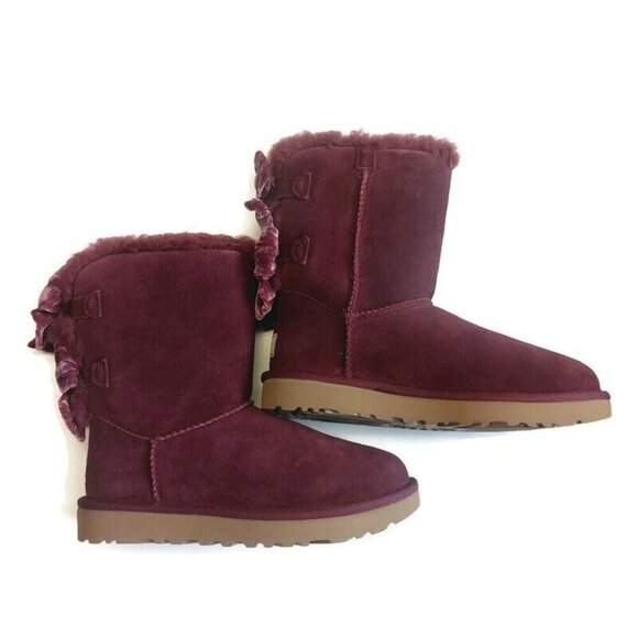 UGG Bailey Bow Crushed Velvet Suede Boots Womens Size 6 Wine Grape 1138171 - Picture 4 of 11